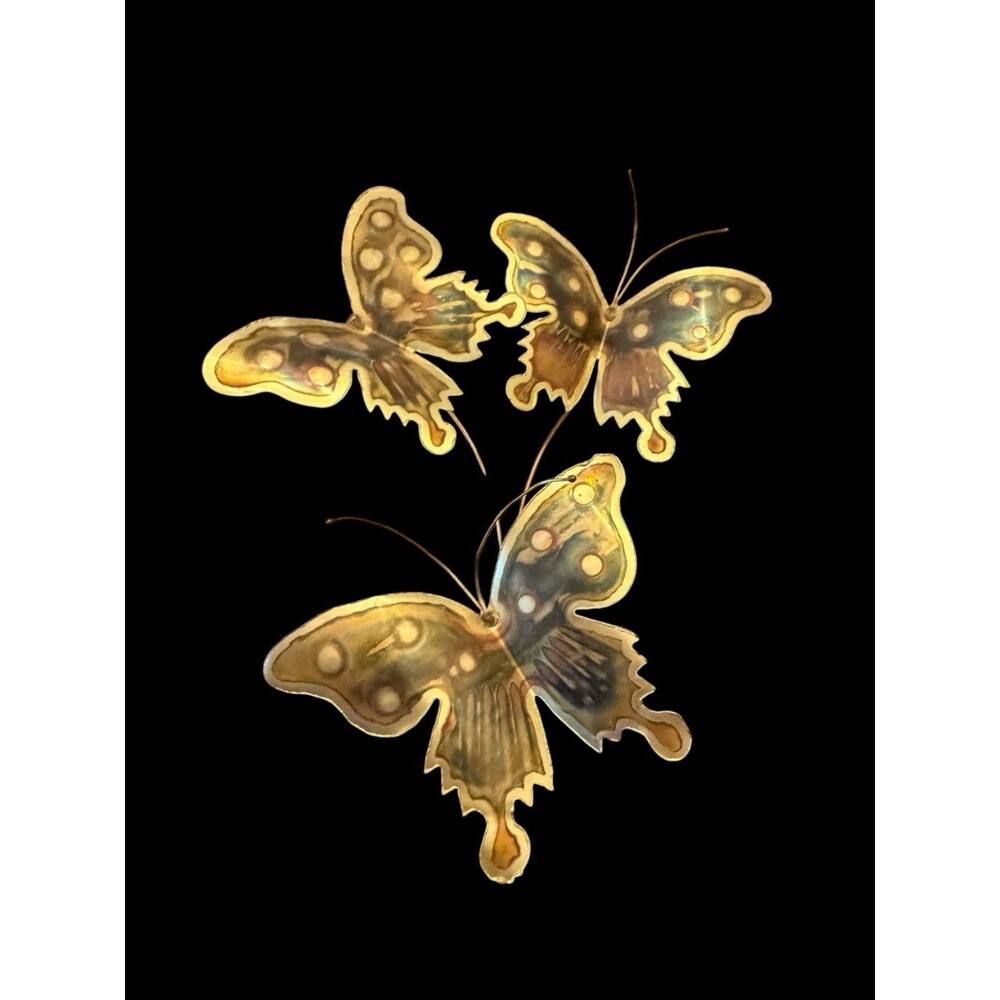 Vtg MCM Brutalist Brass And Copper Toned Metal 3 Butterfly Sculpture Wall Art